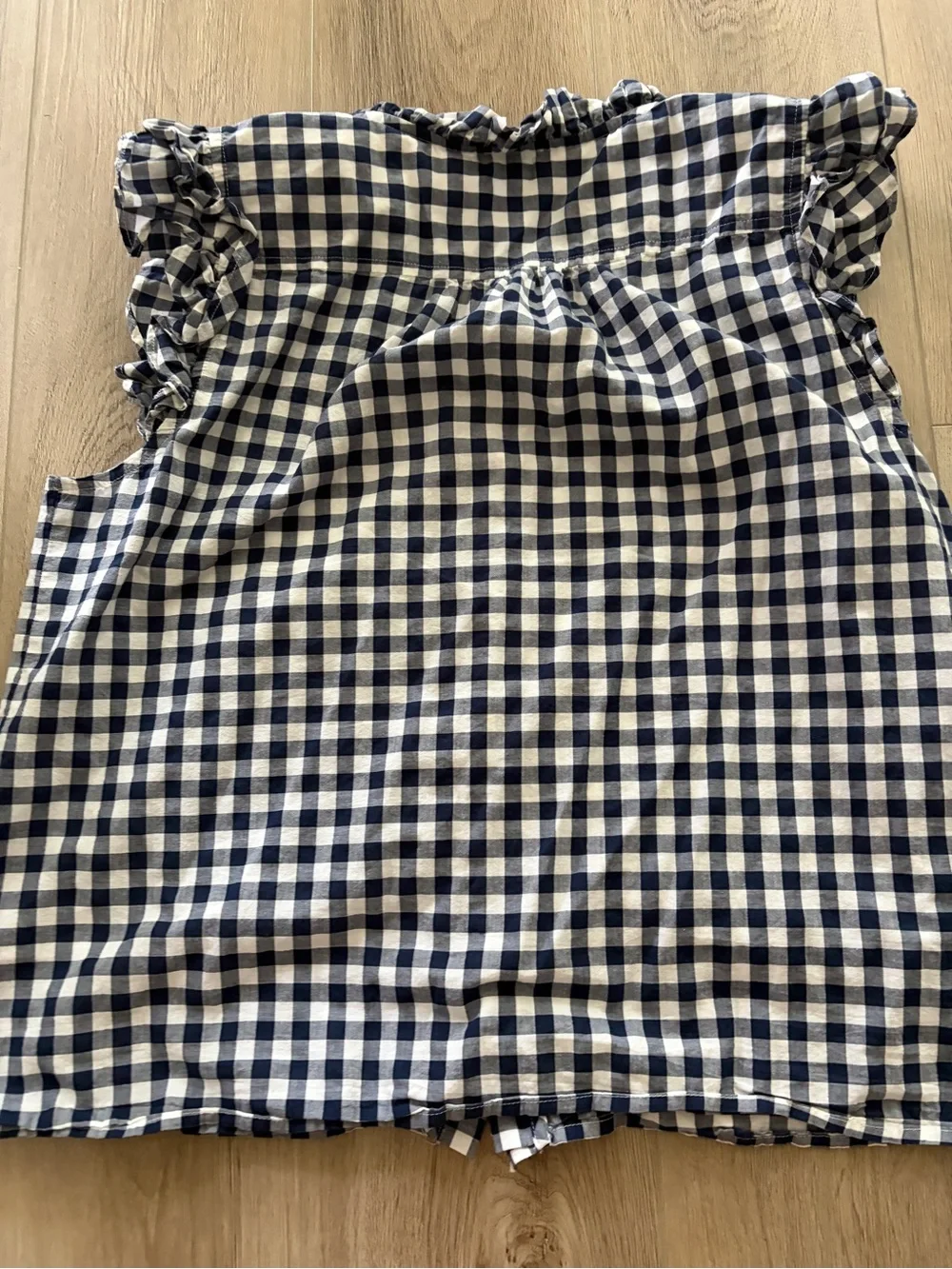 J. Crew Navy and White Gingham Ruffle Button-Front Shell